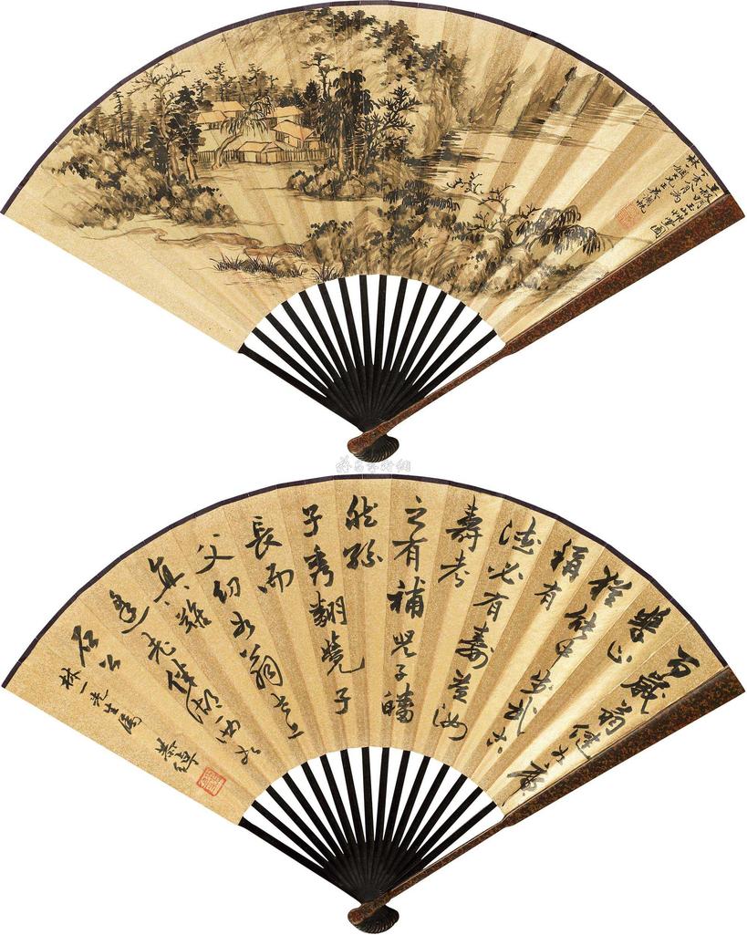 吴湖帆 叶恭绰 仿王蒙玉山草堂图 行书 成扇