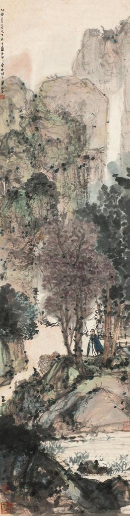 傅抱石 乙酉（1945年）作 秋山策杖 立轴
