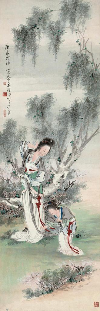 吴显曾 庚辰（1940年）作 柳荫仕女 立轴