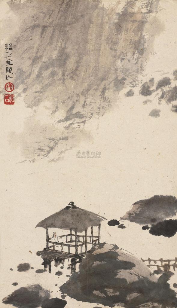 傅抱石 茅亭观瀑图 镜心