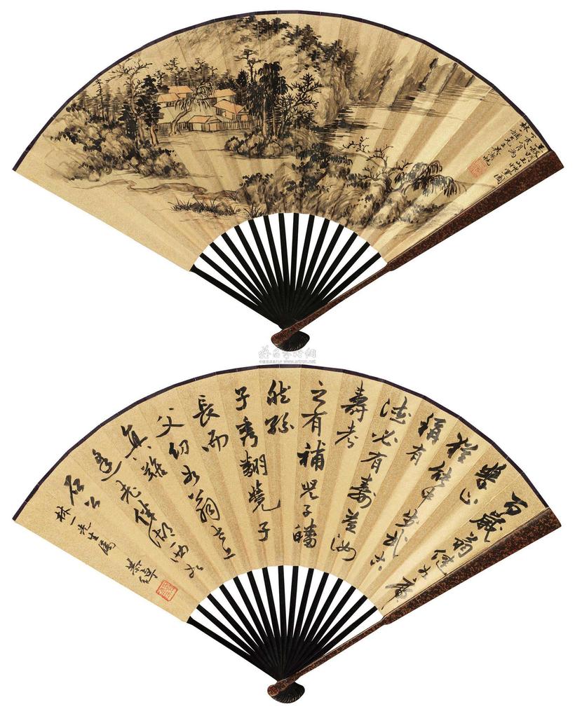 吴湖帆 叶恭绰 丁亥（1947年）作 玉山草堂图 行书 成扇