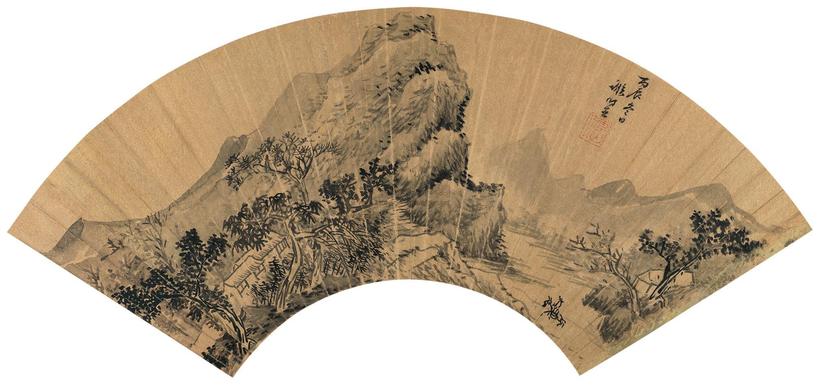 谢时臣 丙辰（1556 年）作 行旅图 扇面