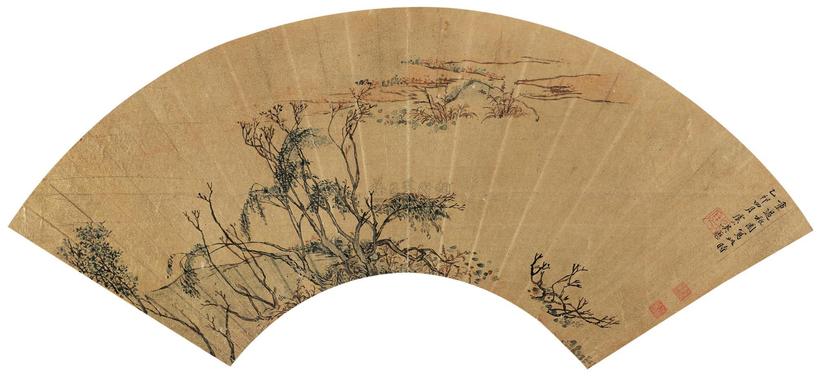 吴历 乙卯（1675年）作 江干春树图 扇面
