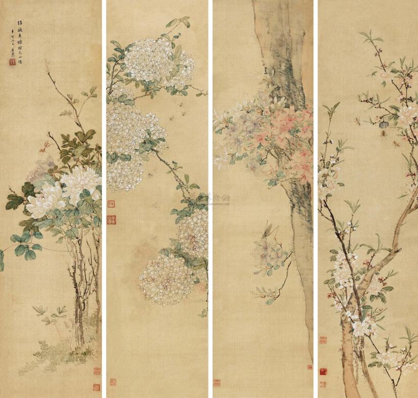 居巢 辛亥（1851年）作 花卉 四屏立轴