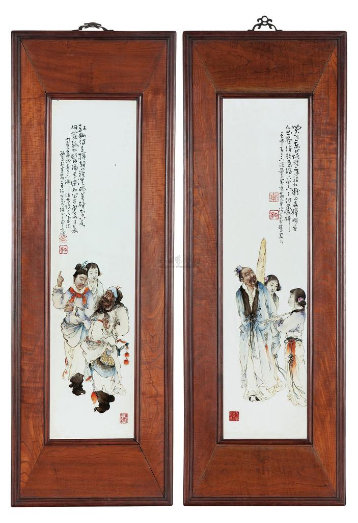 王琦 风尘三侠、东山丝竹 粉彩人物瓷板 （两块）