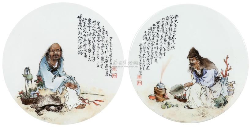 王琦 李真炼丹、黄安守龟 粉彩人物圆瓷板 （两件）