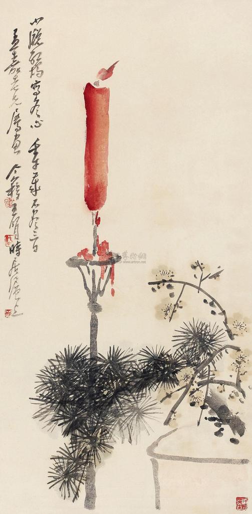 王个簃 壬午（1942年）作 小牎红烛 立轴