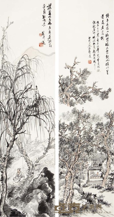 汪声远 柳荫高士 129×33 cm×2