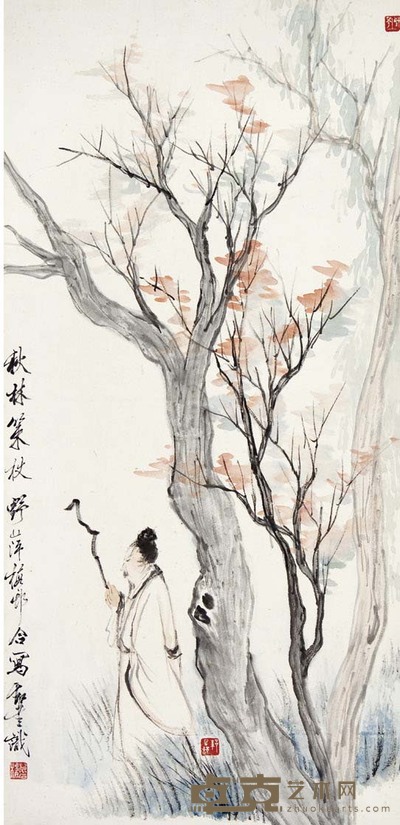 应野平 朱梅邨 秋林策杖 70×34 cm