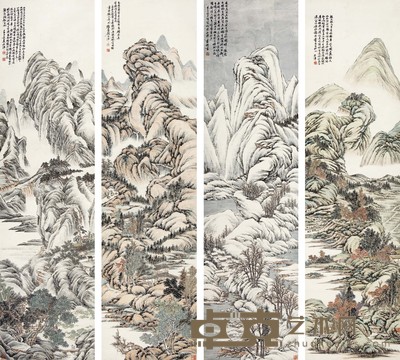 顾麟士 四时山水 180×47 cm×4