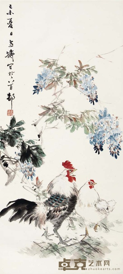 王雪涛 紫藤双鸡 94×43 cm