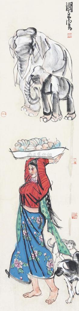 史国良 少女与象 镜心