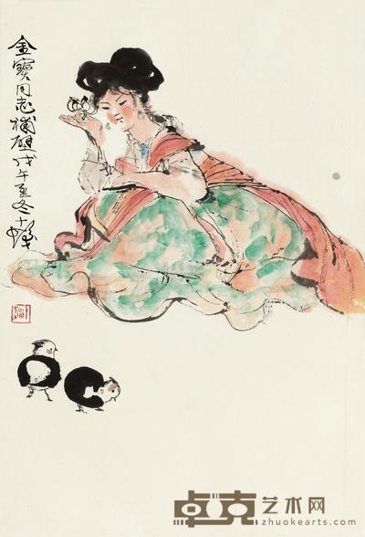 程十发 1978年作 持莲逗雏图 镜片 70×49cm
