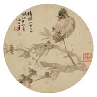 任伯年 1892年作 桃花小鸟 镜片