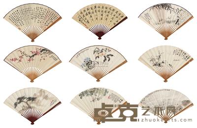 傅抱石 谢无量 马一浮 等 1947年作 山水·书法·花鸟成扇 (九件) 成扇 51×19cm×9