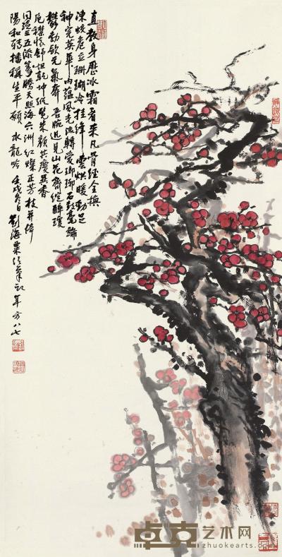 刘海粟 1982年作 红梅图 立轴 136×68cm