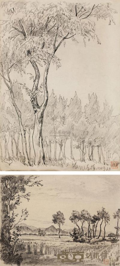 李桦 1955年作、1974年作 京郊风景 （二幅） 31×42cm；44×30cm