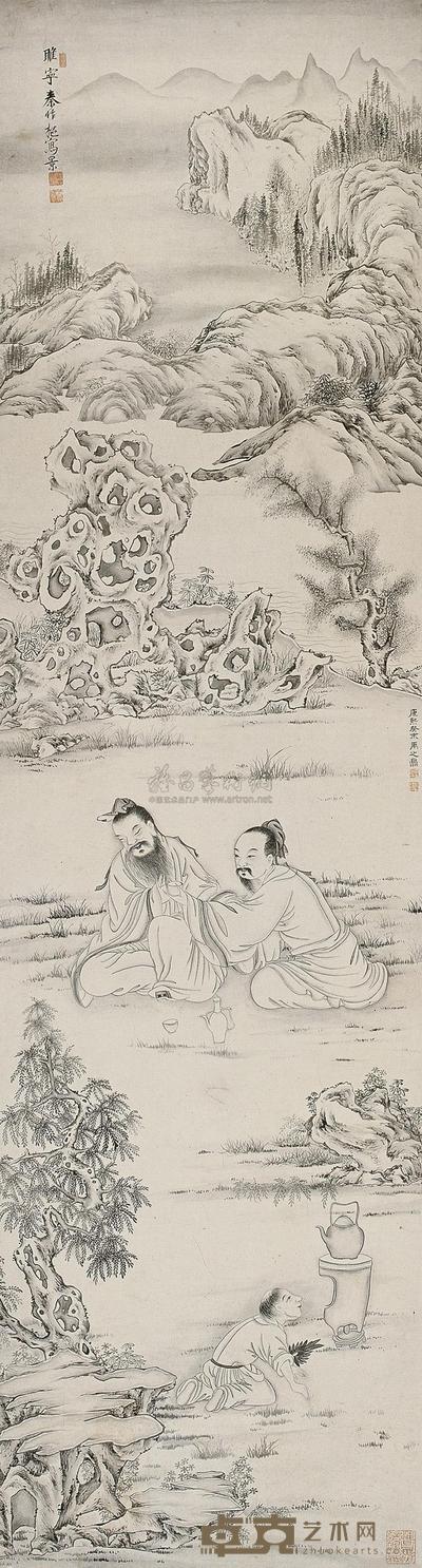 禹之鼎 秦作枢 煮茶图 立轴 137.5×36.5cm