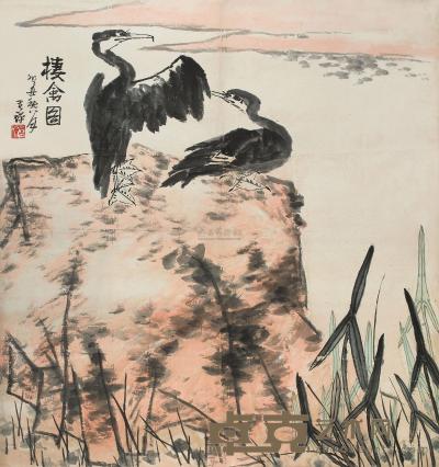 李苦禅 1973年作 栖禽图 镜心 156×146cm