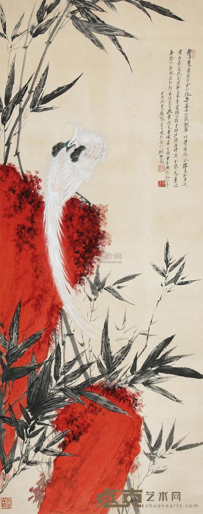 张善孖 1934年作 凤鸣岐山 镜心 159×63cm