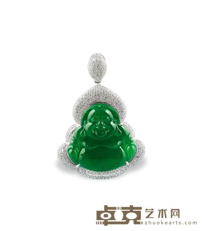 天然翡翠雕「弥勒佛」配钻石吊坠 