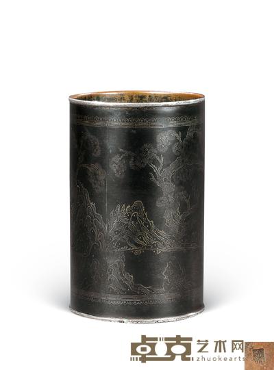 清 银胎错金山水人物笔筒 高11cm
