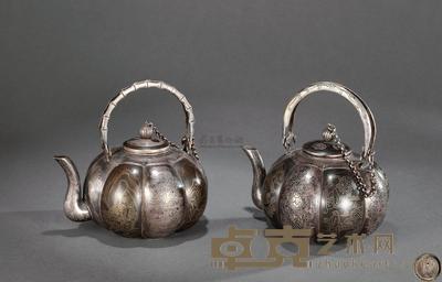 清中期 银错金山水人物花卉提梁壶 （二件） 高12.5cm