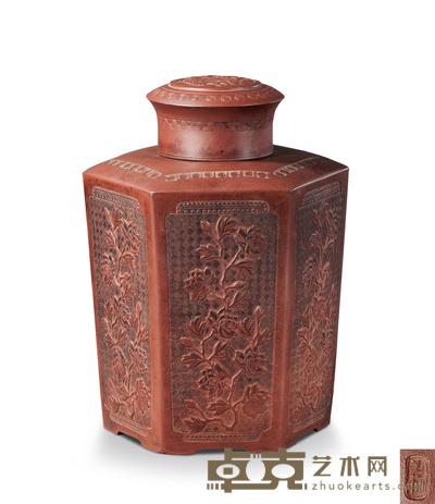 清 紫砂花卉纹六方盖罐 高23.5cm