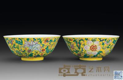 清道光 黄地粉彩花卉碗 （二件） 直径14.9cm