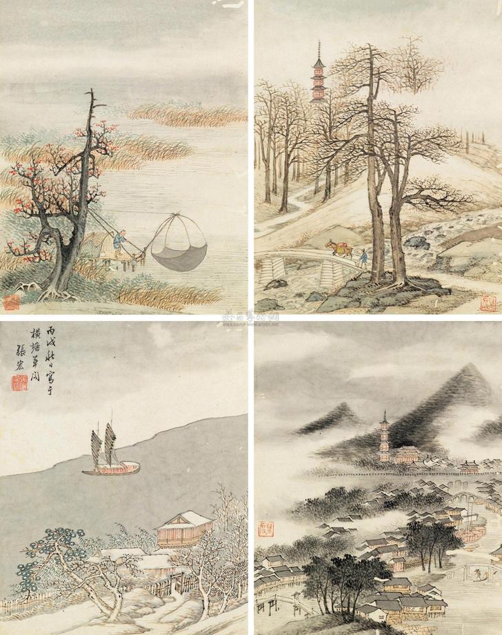 张宏 1646年作 四季风景 册页 （八开）