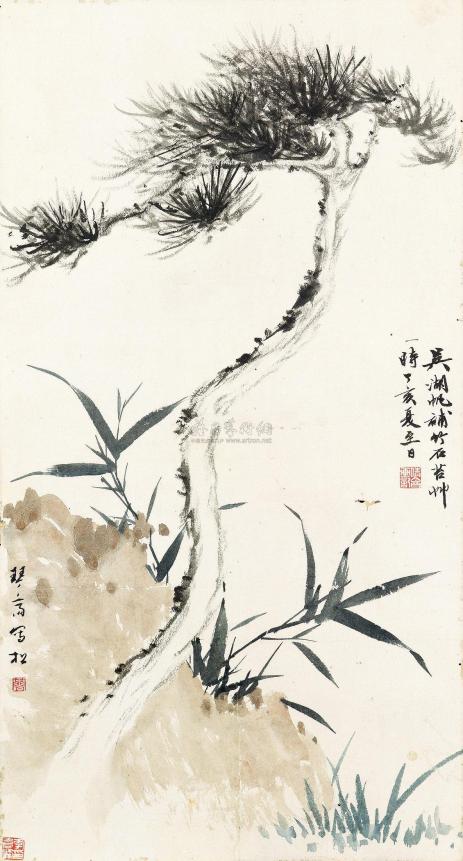 简琴斋 吴湖帆 1947年作 松竹图 镜框