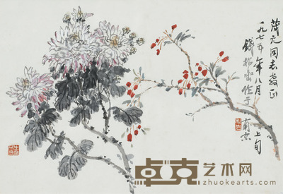 钱松喦 花卉双美图 35×50
