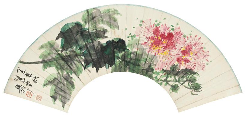 谢稚柳 丁巳（1977年）作 芙蓉扇面 镜心