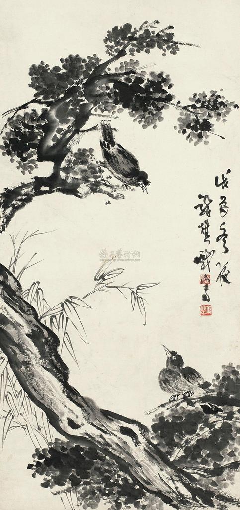 萧愻 戊辰（1928年）作 松竹和鸣 立轴