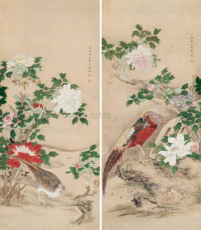 沈铨 花鸟 二屏 立轴