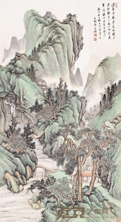 张石园 丙戌（1946年）作 岚翠瀑泉 立轴 141.5×76.5cm