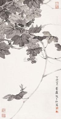 张大壮 丁丑（1937年）作 葡萄蜻蜓 立轴