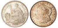 1906年法属安南“坐洋”壹圆银币一枚；1921年美国摩根女神壹圆银币一枚 钱币
