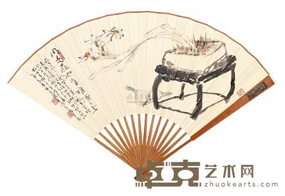 王雪涛 刘俊琦 乙酉（1945年）作 水仙清供 五言诗 成扇 19×49cm