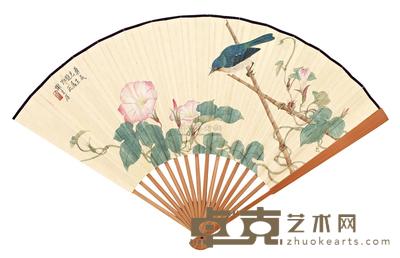 谢月眉 章立之 牵牛绣眼 金石四品 成扇 18.2×49cm