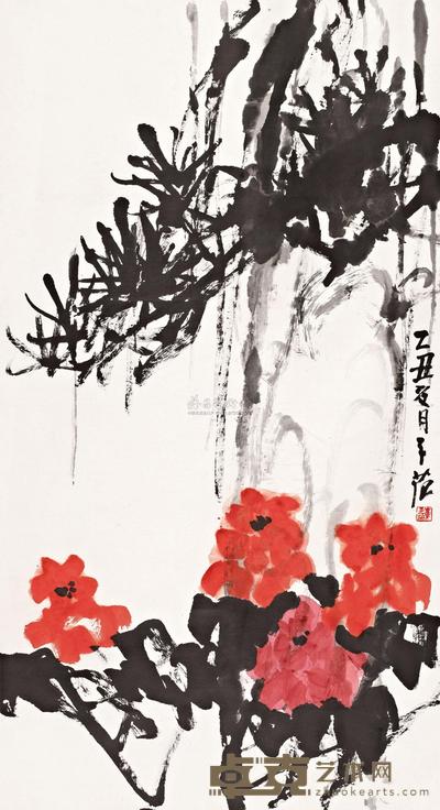 崔子范 乙丑（1985年）作 红花墨松 立轴 152×83cm