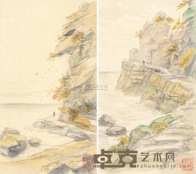 陶冷月 1920年代作 江岸峭壁 （两幅） 18.8×10.5cm×2