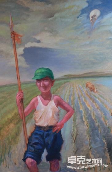 丁武：《童年04号》，布面油彩，100cm×150cm