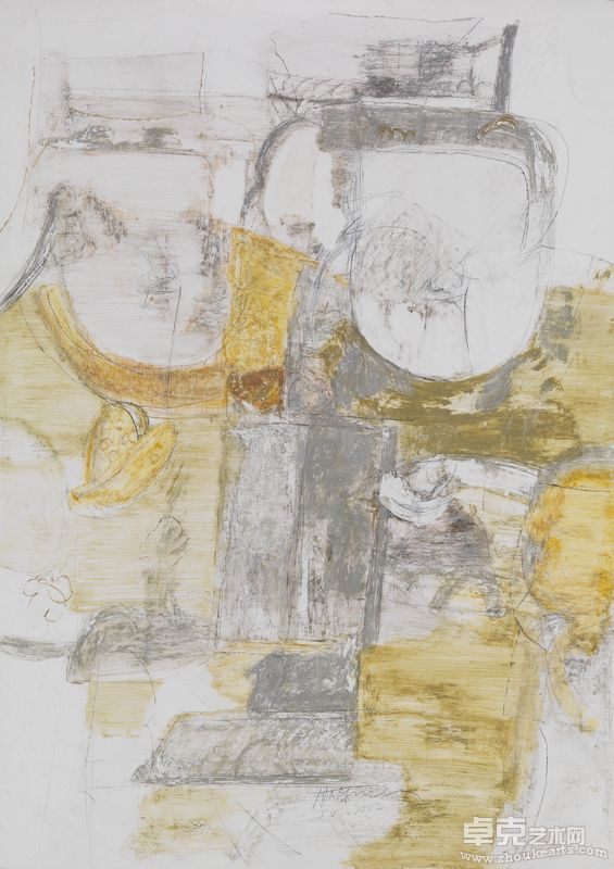 顾黎明 俩灶王 107x76cm 纸板上胶、色粉笔和蜡纸等 2002年