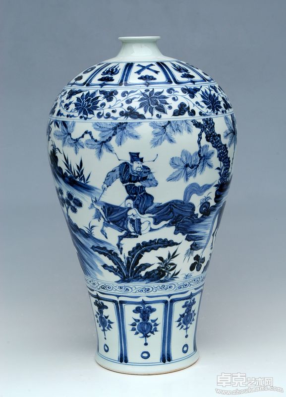 B1-02，仿元青花萧何月下追韩信纹梅瓶，H.43cm