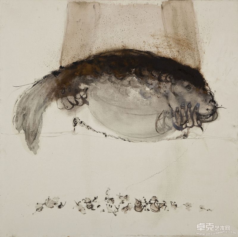《执拗—鲤子》 布面综合材料 40X40 2010年   作者  吕岩