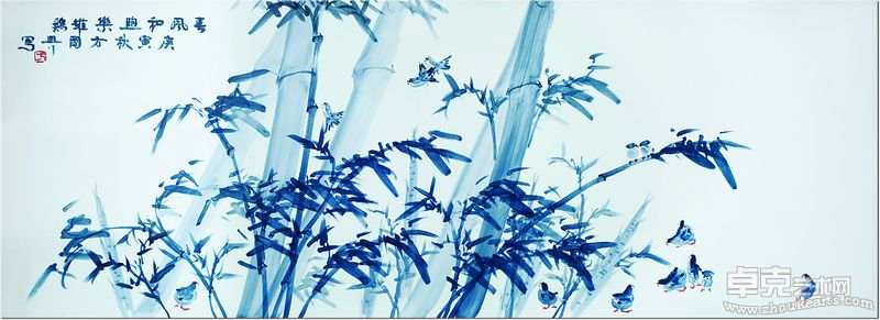 瓷画-5.6尺青花瓷板《春风和煦乐鸡雏》