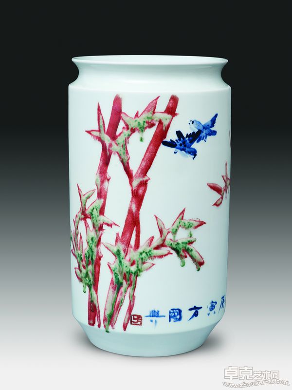 瓷画-200件青花釉里红瓶《竹雀图》