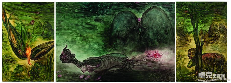 The Black Hole of Time (Triptych)草虫革命(三联)200X130cm,200X300cm,200X130cm  2009--2010
