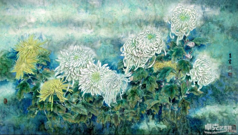傲霜屹菊136x68 岩彩画 2003
